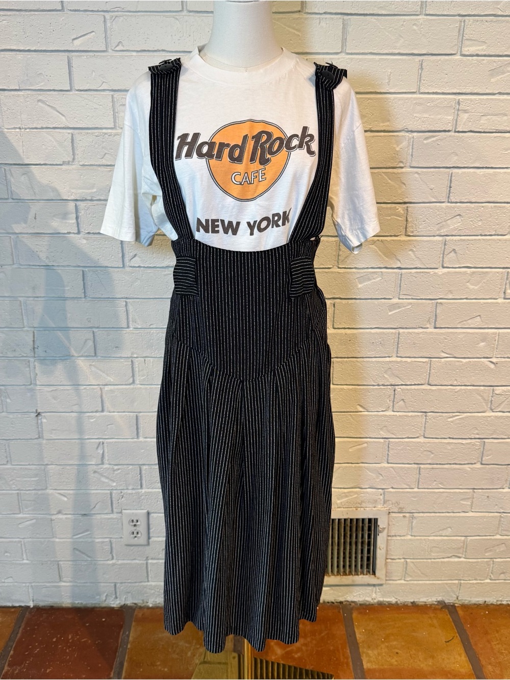 Vintage 80s 90s My Michelle Suspender Pinstripe Midi Dress Womens M